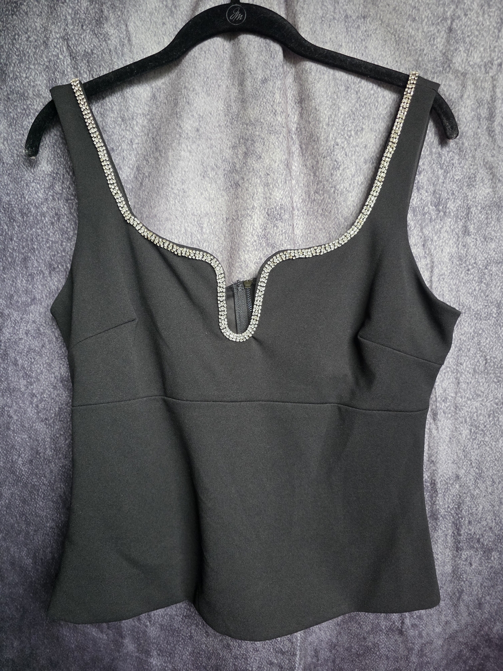 AQUA Black Rhinestone Trim Sleeveless Top Women's M Lined Stretch Party